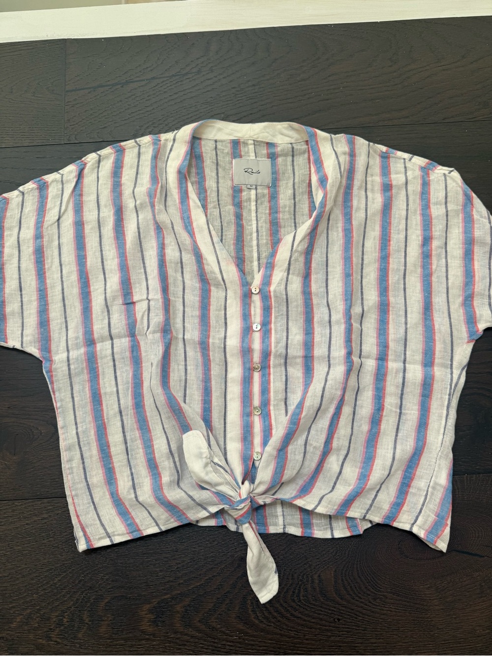 Rails White Button-Down Tie Front Top with Blue & Pink Stripes